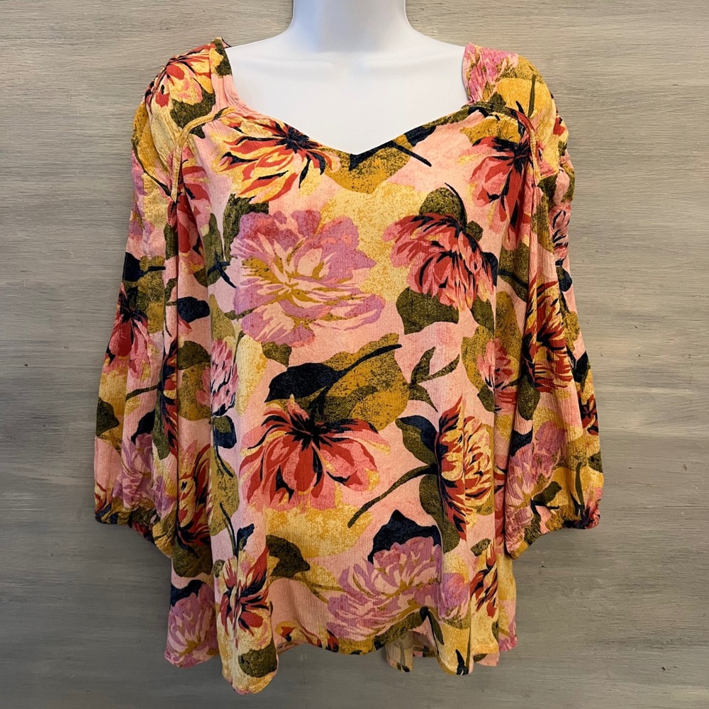 Terra & Sky Multi Color Floral Print‎ Cottage Sleeve Blouse Size 1X GC